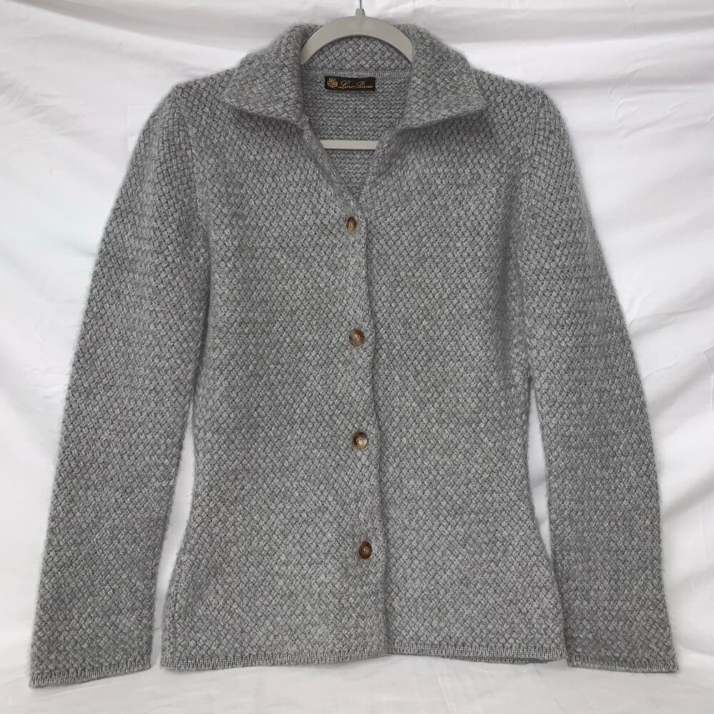 Loro Piana Women’s 100% Cashmere Collared Knit Sweater Light Grey Size 42